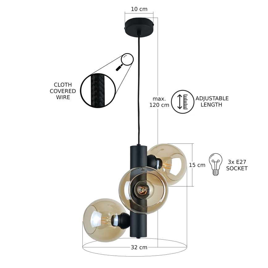 Lámpara de araña en cadena TUBO 3xE27/60W/230V negro/beige ahumado