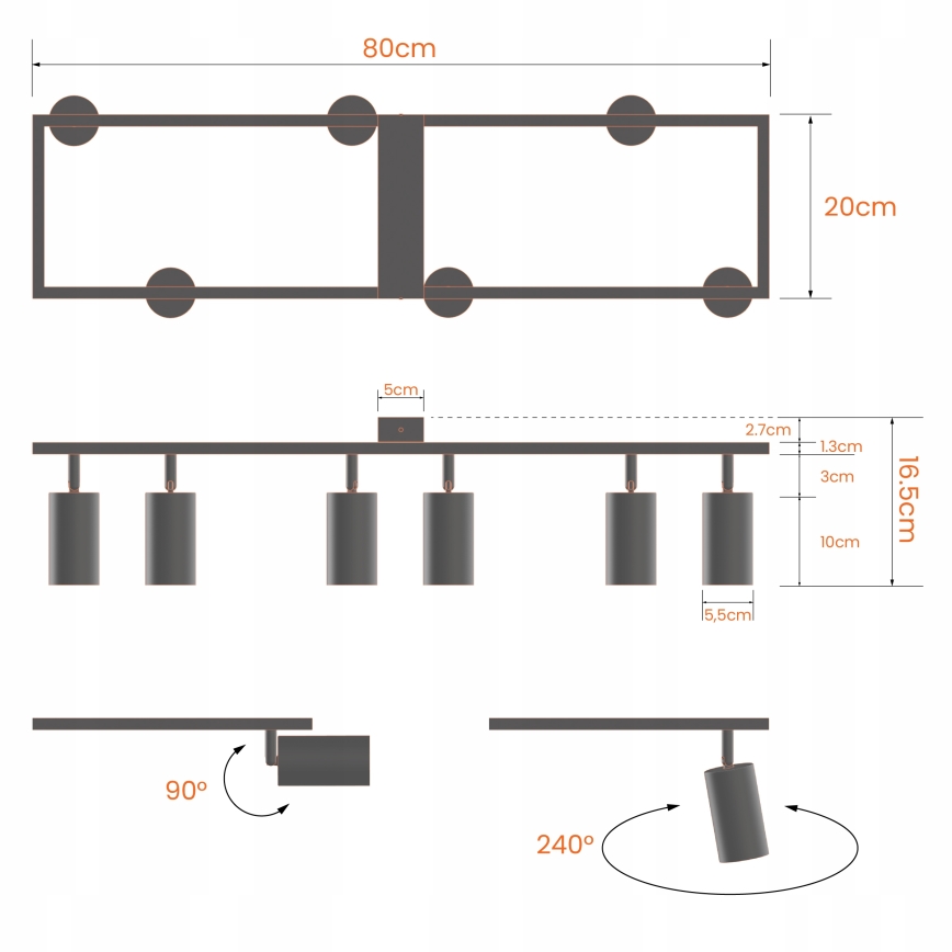 Lámpara de focos 6xGU10/30W/230V negra