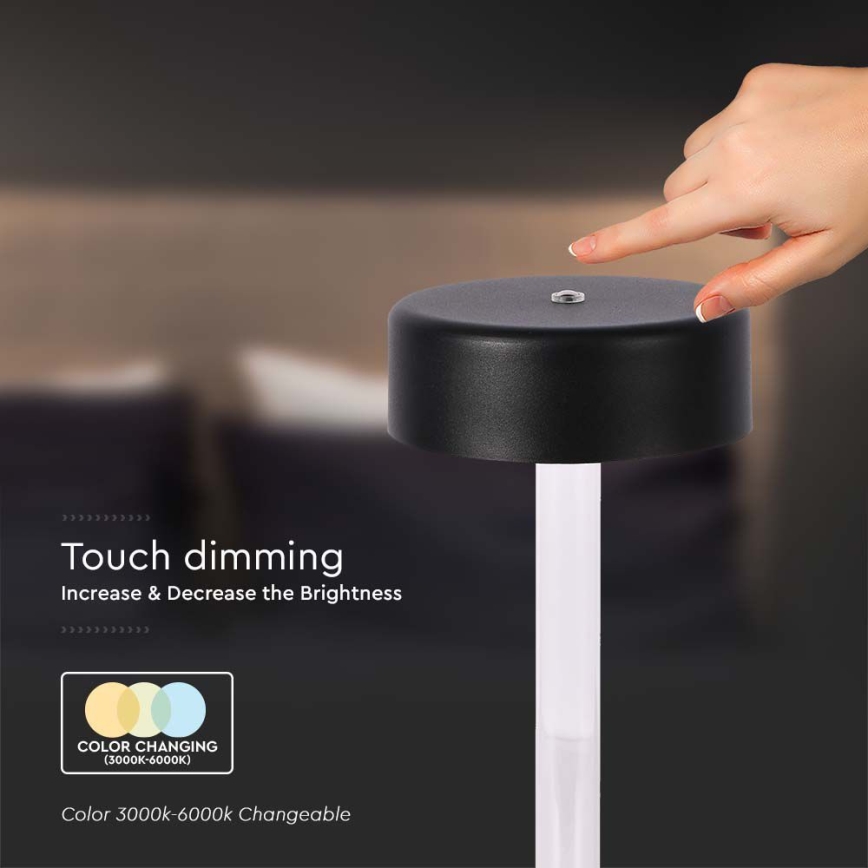 LED Lámpara de mesa táctil recargable y regulable LED/3W/5V 3000-6000K 2400 mAh negro