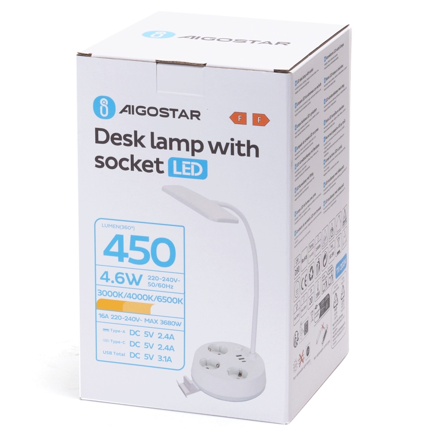 Lámpara de mesa LED regulable Aigostar con tomas de corriente y USB LED/4,6W/230V 3000/4000/6500K blanca