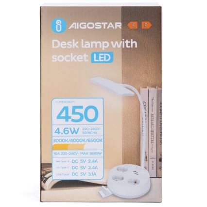 Lámpara de mesa LED regulable Aigostar con tomas de corriente y USB LED/4,6W/230V 3000/4000/6500K blanca