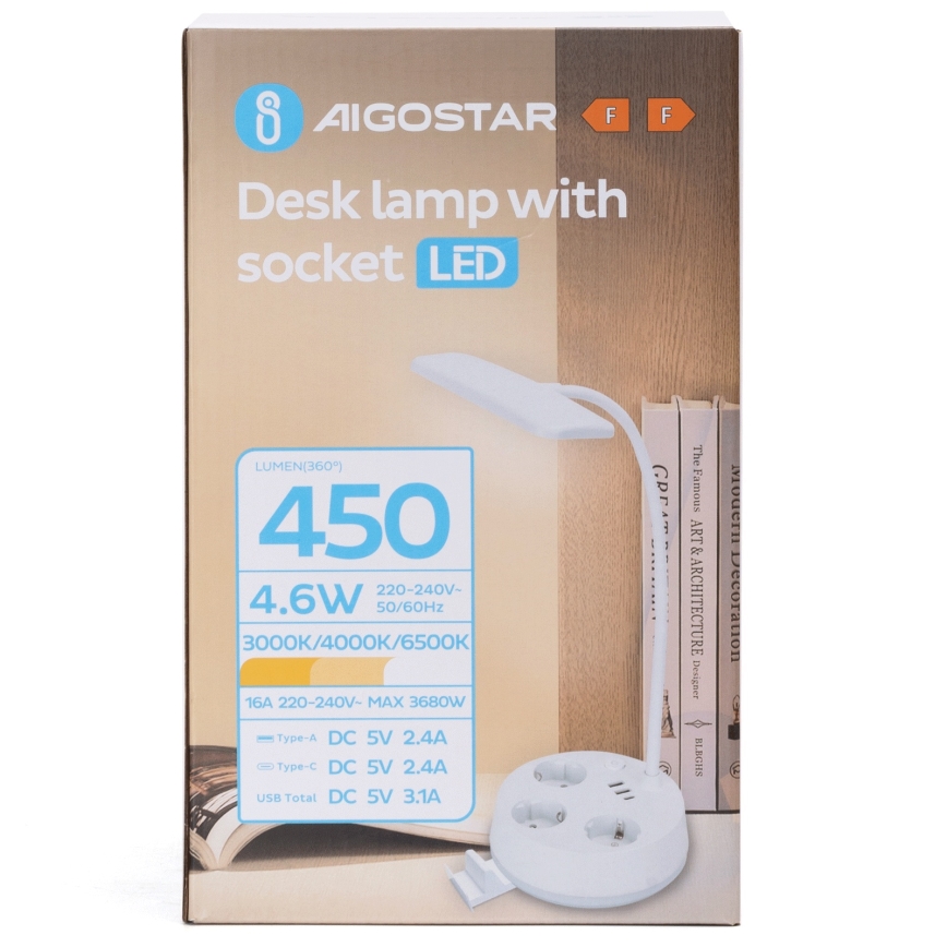 Lámpara de mesa LED regulable Aigostar con tomas de corriente y USB LED/4,6W/230V 3000/4000/6500K blanca