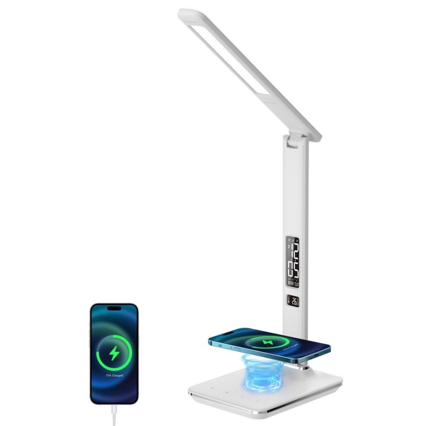 Lámpara de mesa LED regulable con cargador inalámbrico QI y USB KINGFISHER LED/8,5W/230V blanco