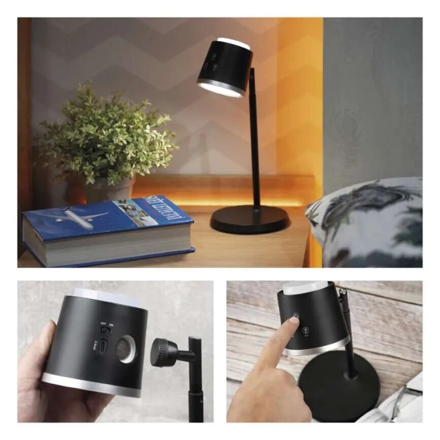 Lámpara de mesa LED regulable y recargable 4en1 LED/6W/3,7V 3000K/4000K/6500K 1500mAh negro