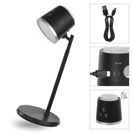 Lámpara de mesa LED regulable y recargable 4en1 LED/6W/3,7V 3000K/4000K/6500K 1500mAh negro
