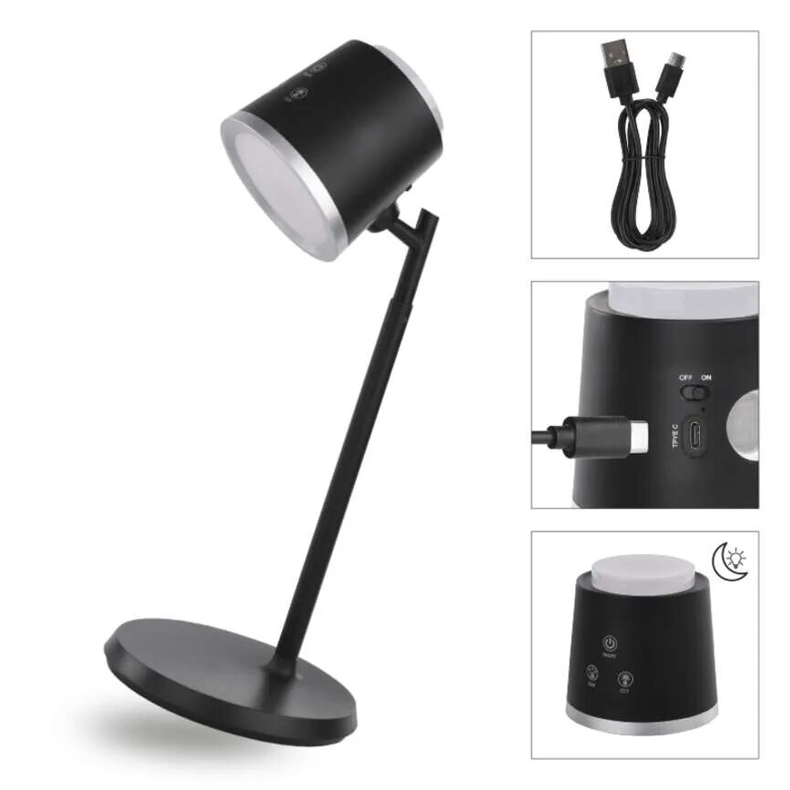 Lámpara de mesa LED regulable y recargable 4en1 LED/6W/3,7V 3000K/4000K/6500K 1500mAh negro