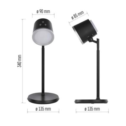 Lámpara de mesa LED regulable y recargable 4en1 LED/6W/3,7V 3000K/4000K/6500K 1500mAh negro