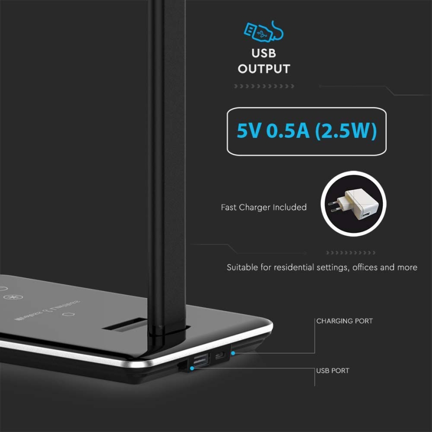 Lámpara de mesa LED táctil regulable con carga inalámbrica LED/4W/5V 3000-6500K USB negra