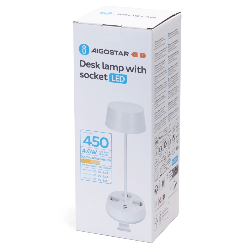 Aigostar - Lámpara de mesa regulable LED con enchufes y USB LED/4,6W/230V 3000/4000/6500K blanca