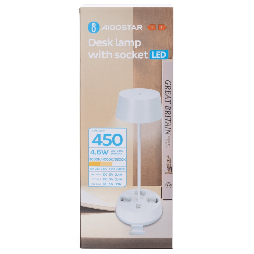 Aigostar - Lámpara de mesa regulable LED con enchufes y USB LED/4,6W/230V 3000/4000/6500K blanca