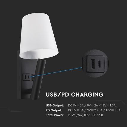 Lámpara de pared LED con puerto USB LED/2W/230V 3000K negra/blanca