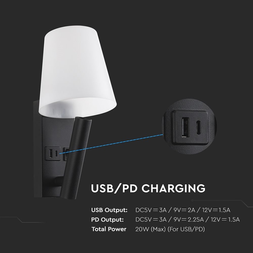 Lámpara de pared LED con puerto USB LED/2W/230V 3000K negra/blanca