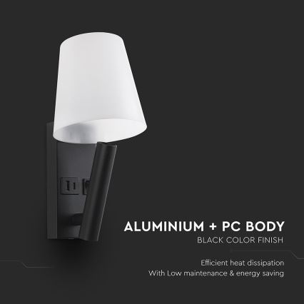 Lámpara de pared LED con puerto USB LED/2W/230V 3000K negra/blanca