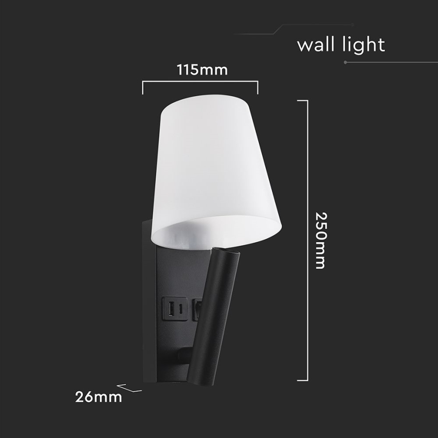 Lámpara de pared LED con puerto USB LED/2W/230V 3000K negra/blanca