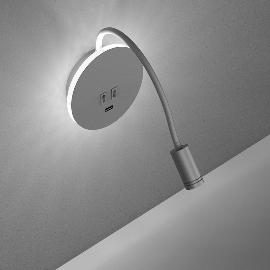 Lámpara de pared LED flexible con puerto USB BASE LED/8W+LED/2W/230V blanca/plateada