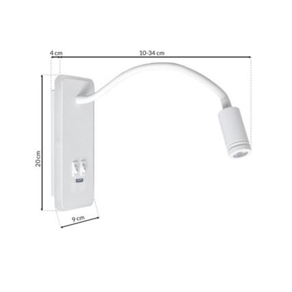Lámpara de pared LED flexible con USB BASE LED/8W+LED/2W/230V blanca