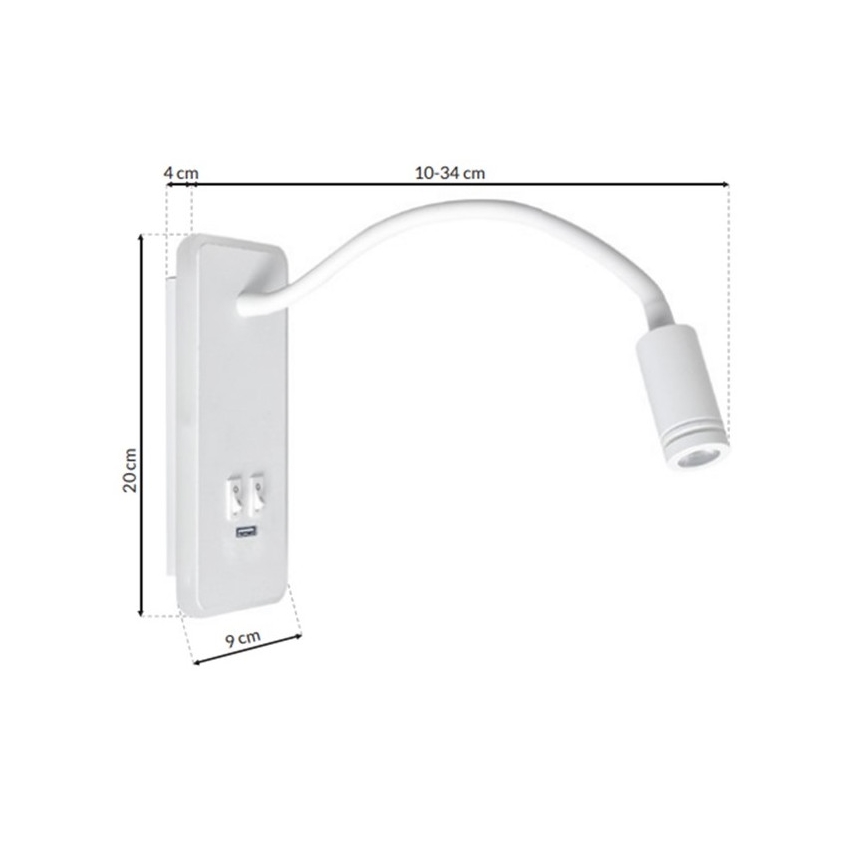 Lámpara de pared LED flexible con USB BASE LED/8W+LED/2W/230V blanca