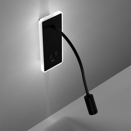 Lámpara de pared LED flexible con USB BASE LED/8W+LED/2W/230V negra
