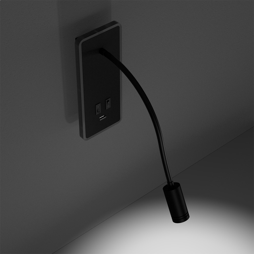 Lámpara de pared LED flexible con USB BASE LED/8W+LED/2W/230V negra