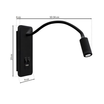 Lámpara de pared LED flexible con USB BASE LED/8W+LED/2W/230V negra