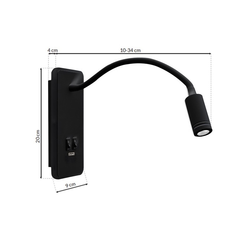 Lámpara de pared LED flexible con USB BASE LED/8W+LED/2W/230V negra