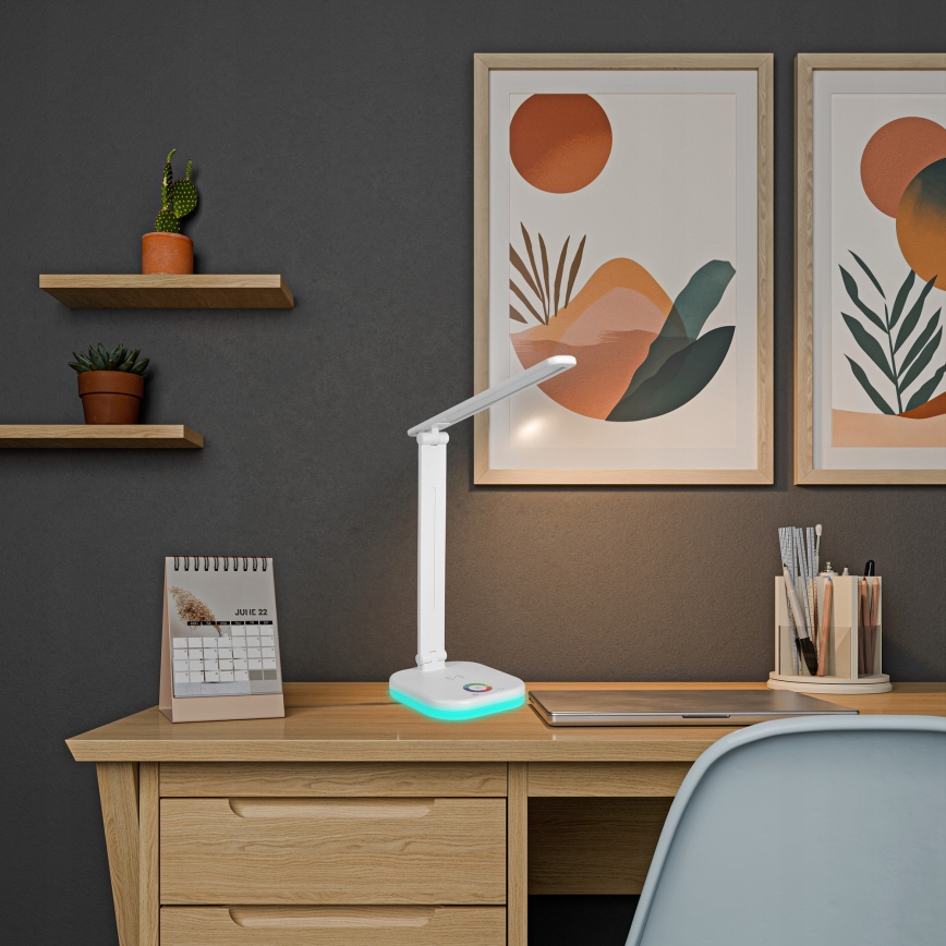 Lámpara de sobremesa LED RGBW regulable con carga inalámbrica LED/7W/5V USB blanca