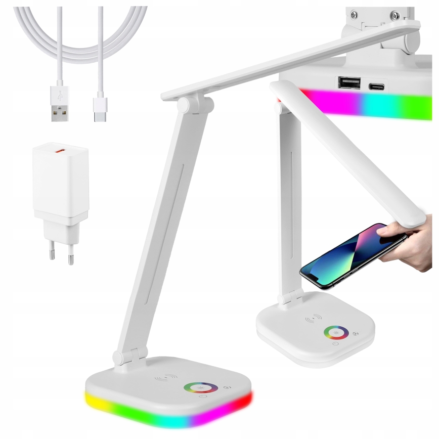 Lámpara de sobremesa LED RGBW regulable con carga inalámbrica LED/7W/5V USB blanca