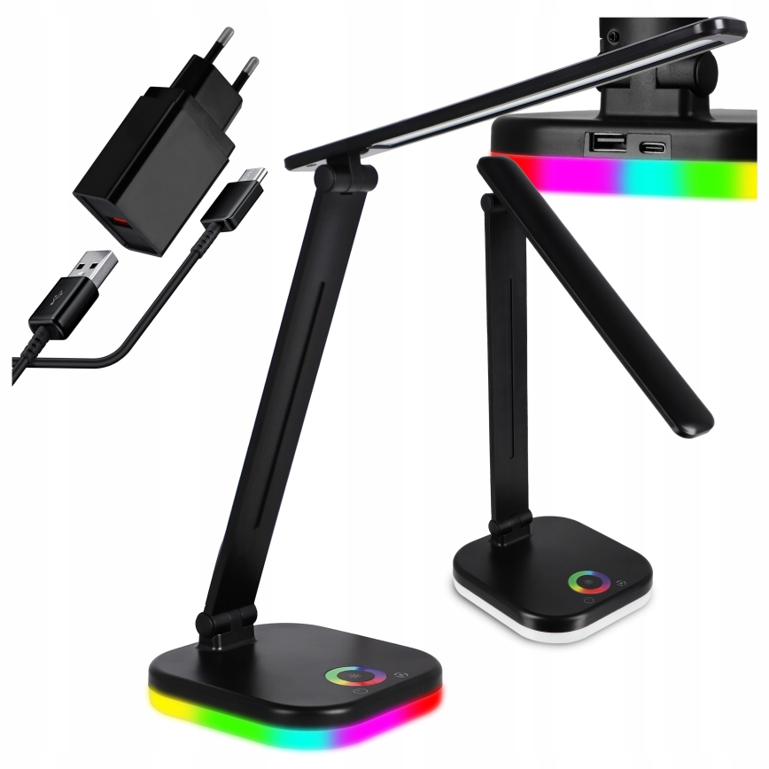 Lámpara de sobremesa LED RGBW regulable con carga inalámbrica LED/7W/5V USB negra