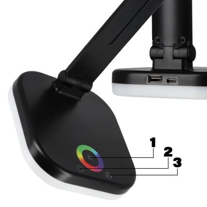 Lámpara de sobremesa LED RGBW regulable con carga inalámbrica LED/7W/5V USB negra