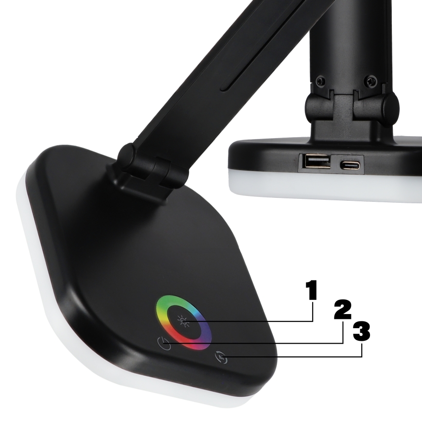 Lámpara de sobremesa LED RGBW regulable con carga inalámbrica LED/7W/5V USB negra