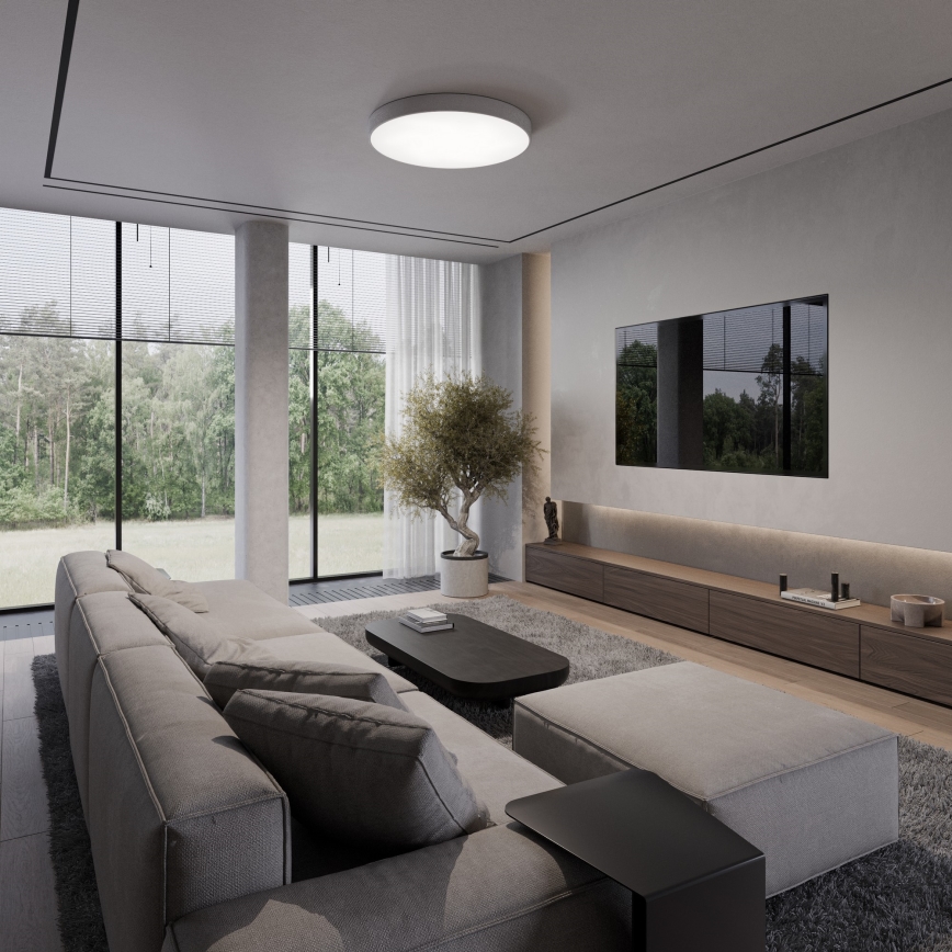 Lámpara de techo CLEO con sensor de movimiento y crepuscular, 6xE27/24W/230V, Ø 80 cm, gris