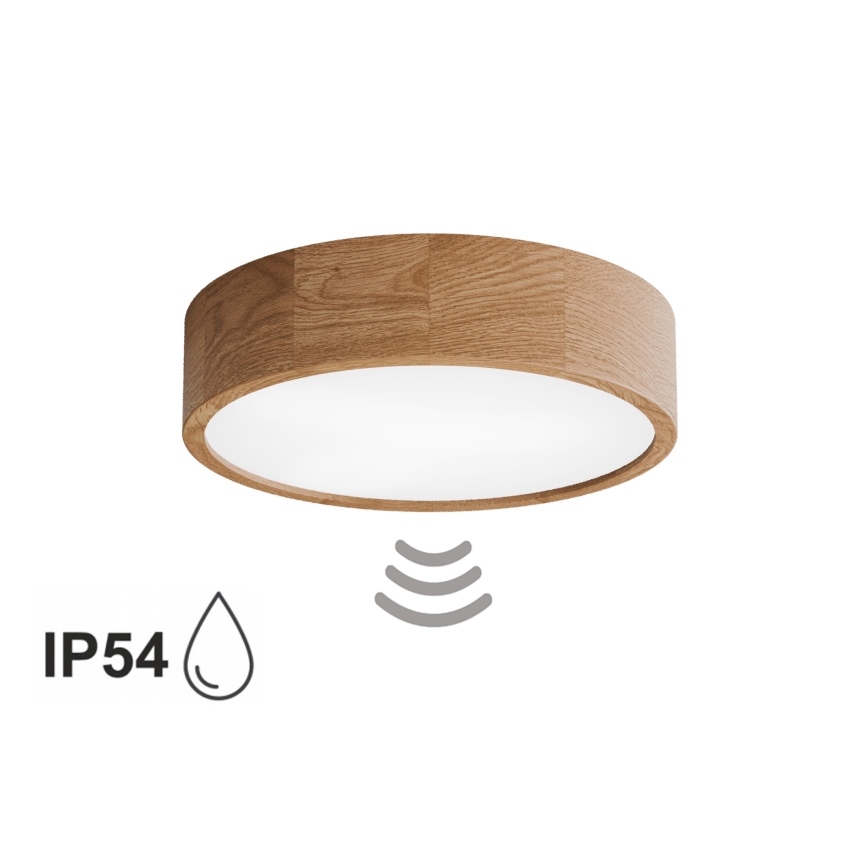 Lámpara de techo para baño con sensor CLEO 3xE27/24W/230V Ø 37,5 cm IP54 roble