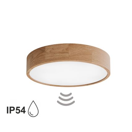 Lámpara de techo para baño con sensor CLEO 4xE27/24W/230V, diámetro 47,5 cm, IP54, acabado roble
