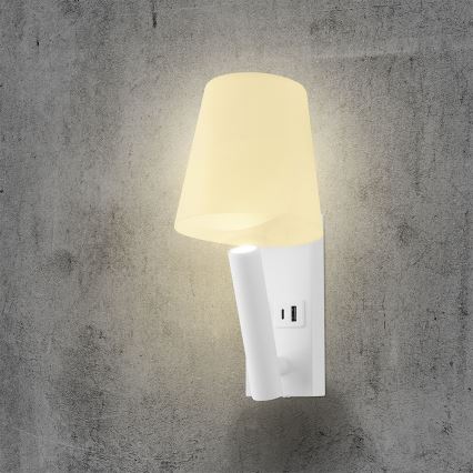 Lámpara LED de pared con puerto USB, 2W, 230V, 3000K, blanca