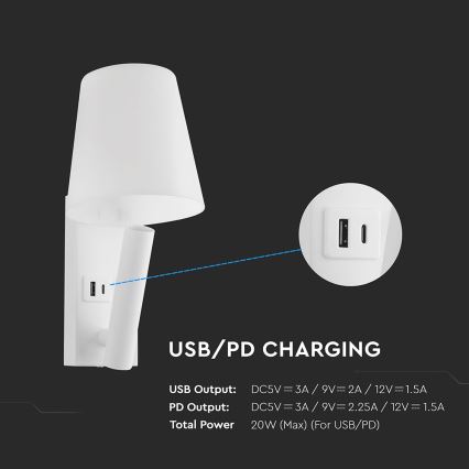 Lámpara LED de pared con puerto USB, 2W, 230V, 3000K, blanca