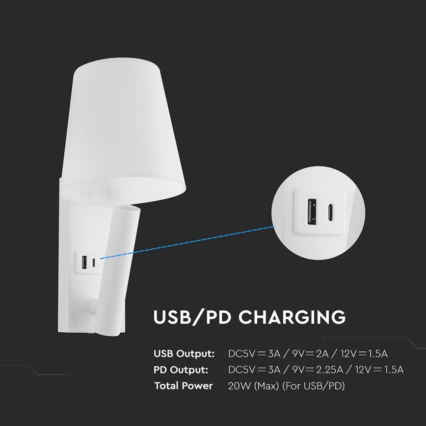 Lámpara LED de pared con puerto USB, 2W, 230V, 3000K, blanca