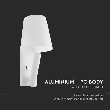 Lámpara LED de pared con puerto USB, 2W, 230V, 3000K, blanca