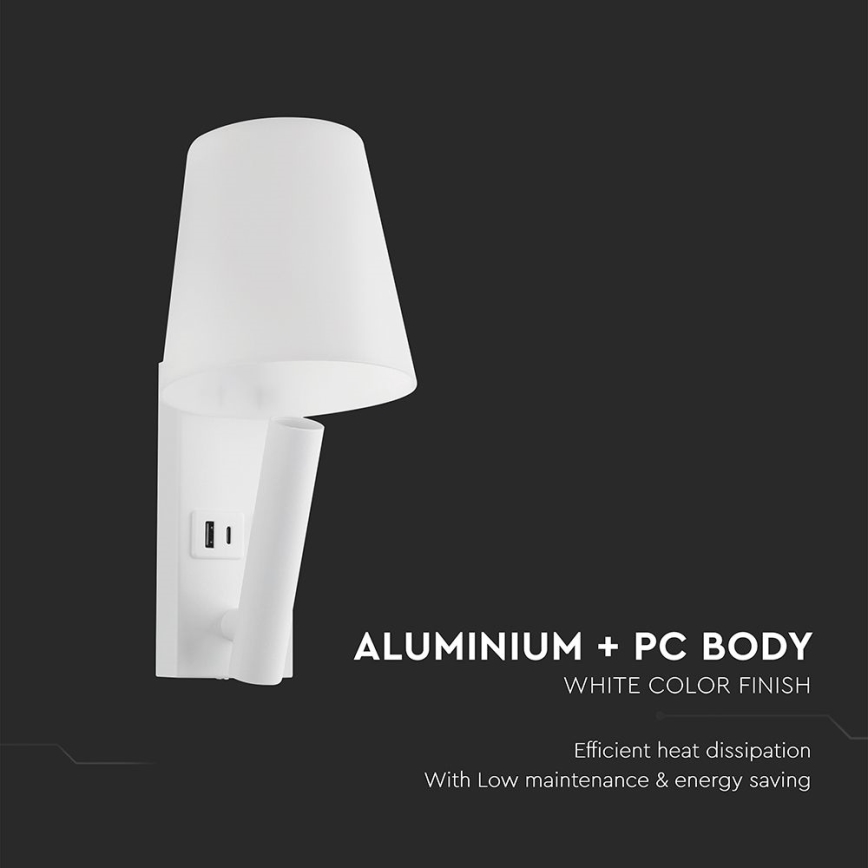 Lámpara LED de pared con puerto USB, 2W, 230V, 3000K, blanca