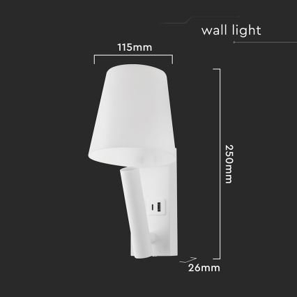 Lámpara LED de pared con puerto USB, 2W, 230V, 3000K, blanca