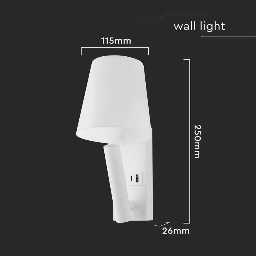 Lámpara LED de pared con puerto USB, 2W, 230V, 3000K, blanca