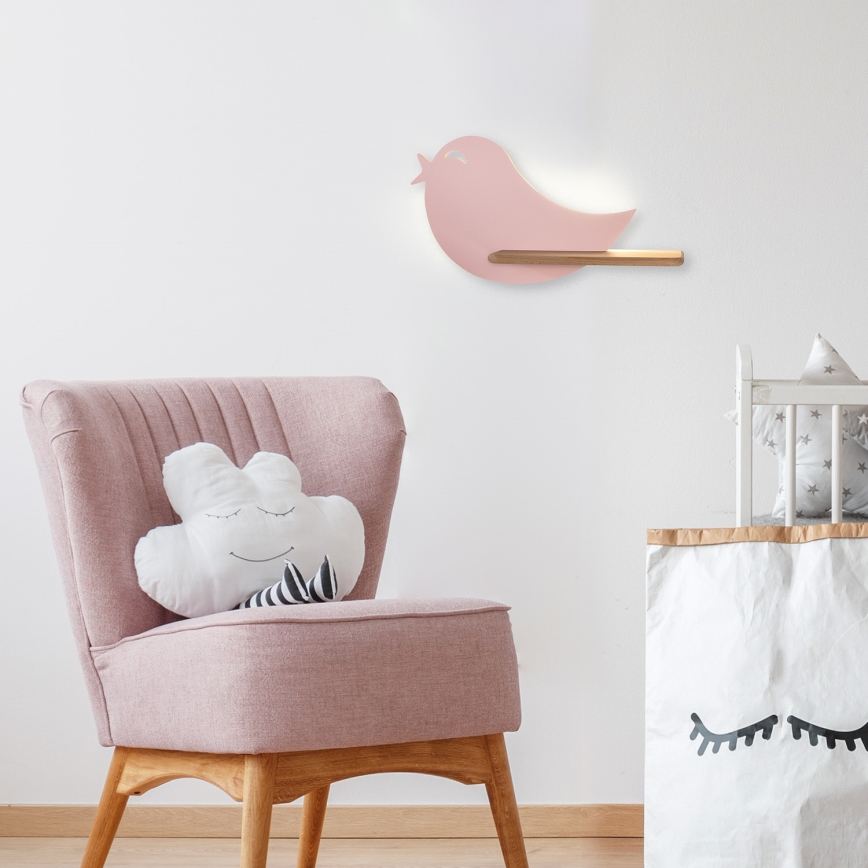 Lámpara de pared infantil LED con estante BIRD LED/5W/230V rosa/madera,