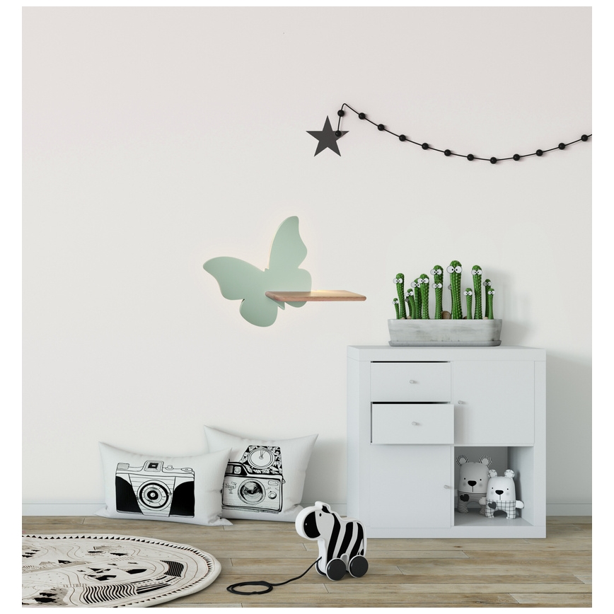 Lámpara de pared infantil LED con estante BUTTERFLY LED/5W/230V verde/madera,