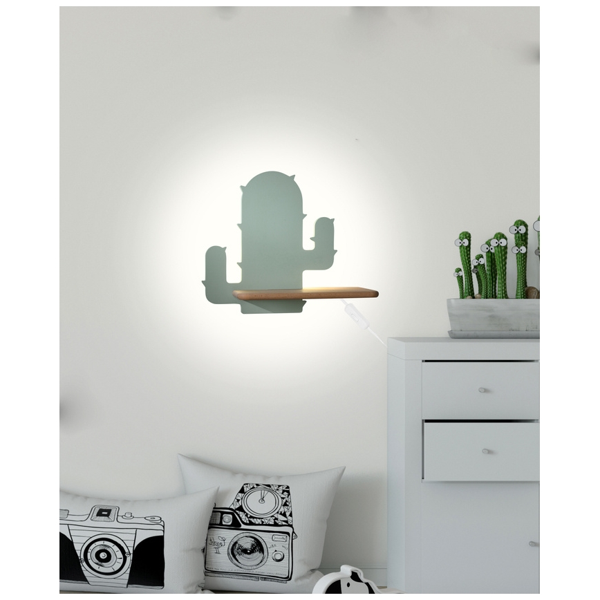 Lámpara de pared infantil LED con estante CACTUS LED/4W/230V verde/madera,