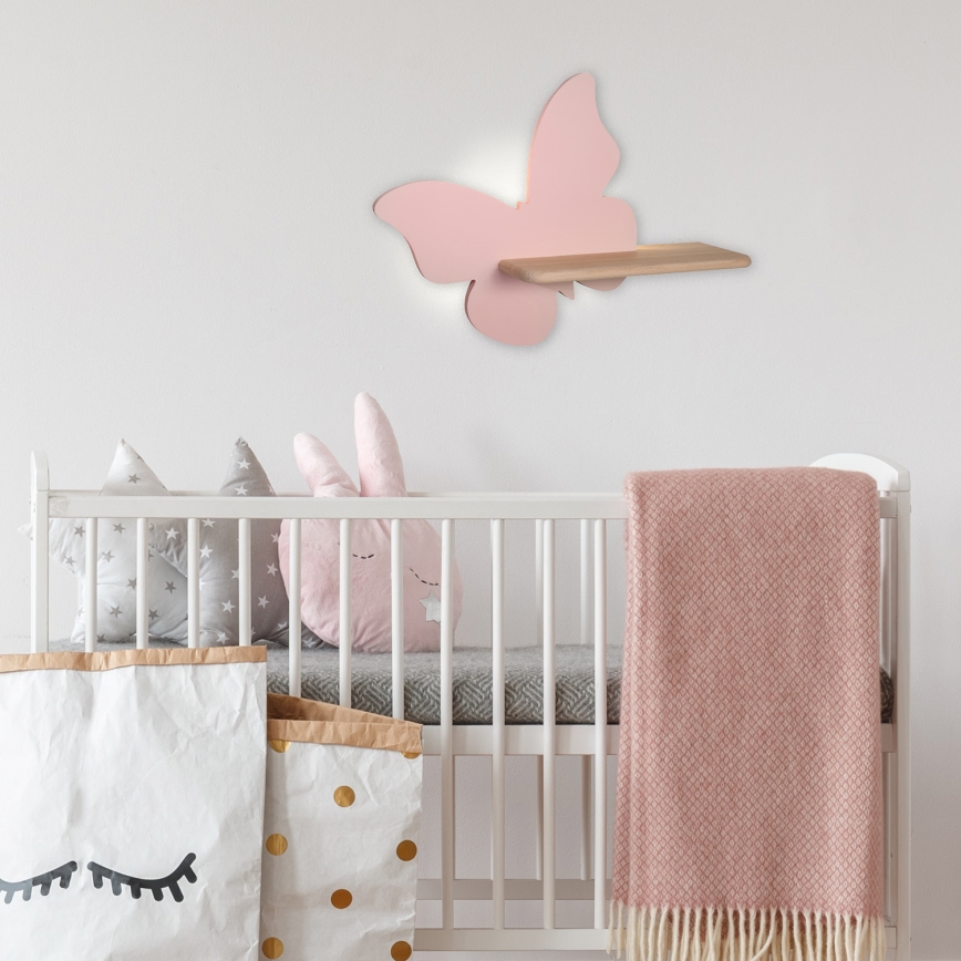 Lámpara de pared infantil LED con estante BUTTERFLY LED/5W/230V rosa/madera,