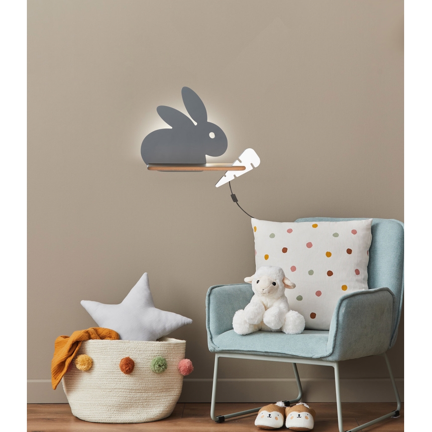 Lámpara de pared LED infantil con estante RABBIT LED/4W/230V gris/blanco/madera,