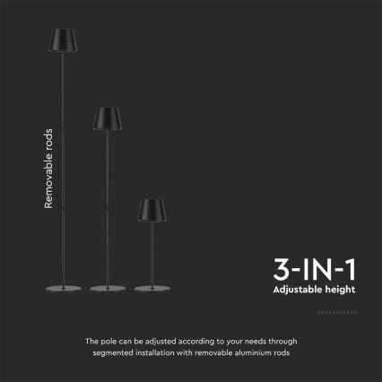 Lámpara de pie recargable LED regulable 3 en 1 LED/4W/5V 4400 mAh 3000K IP54 negra