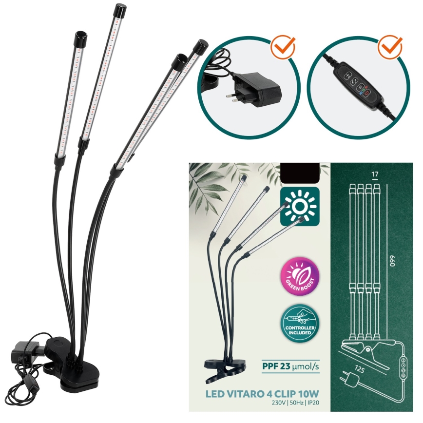 Lámpara de mesa flexible LED regulable con clip para el cultivo de plantas VITARO 4xLED/10W/230V negro