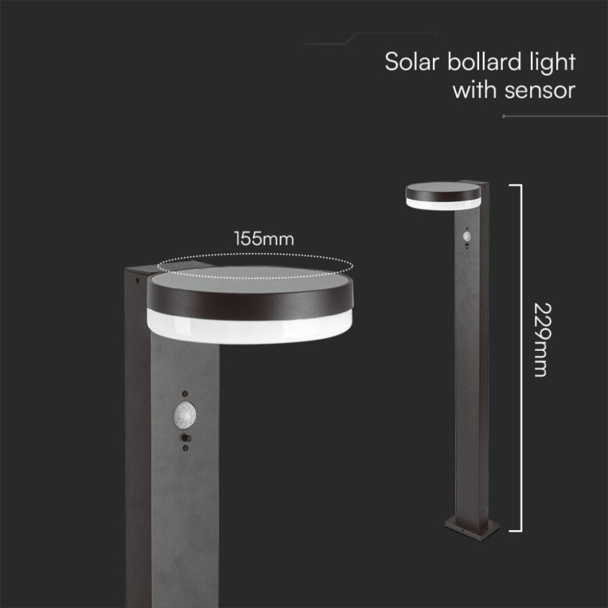 Lámpara solar LED con sensor LED/2W/3,7V IP54 3000K 2200 mAh redondeado negro