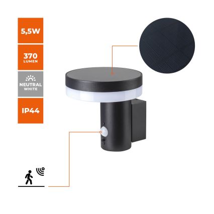 Lámpara de pared solar LED con sensor SOLARIS3 LED/5,5W/3,7V 4000K IP44 2600 mAh