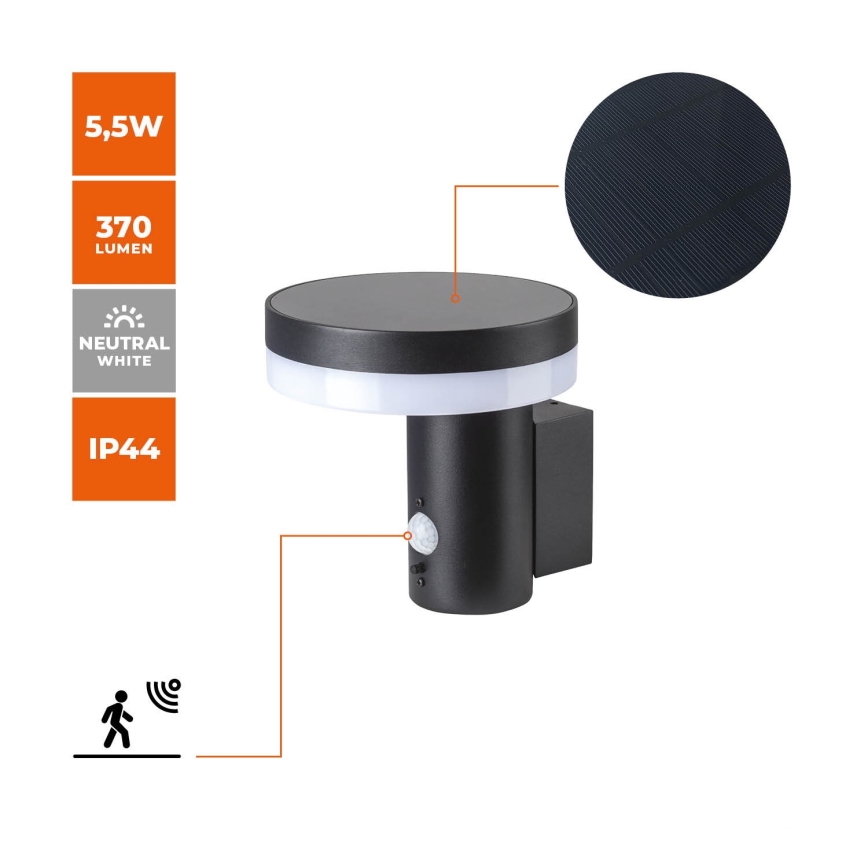 Lámpara de pared solar LED con sensor SOLARIS3 LED/5,5W/3,7V 4000K IP44 2600 mAh